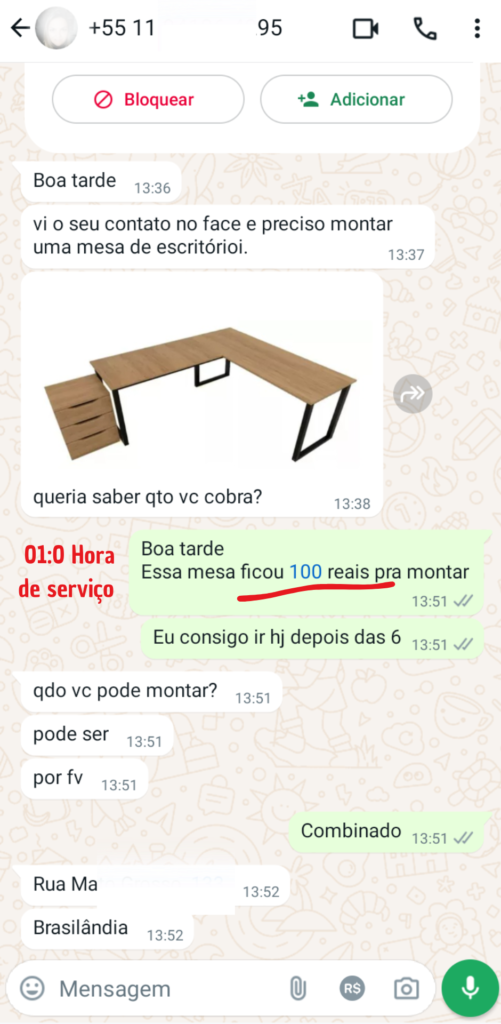 Print de um serviço real para a montagem de uma escrivaninha