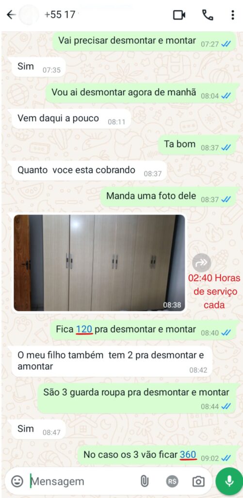 Print de um serviço real para a montagem de 3 guarda roupa